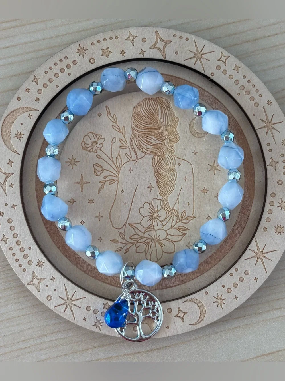 Blue Chalcedony & Blue Hematite Bracelet with Tree of Life